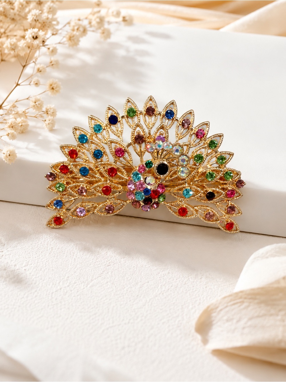 Gold Multicolor Peacock Crystal hair barrette clip jewel formal cute gift